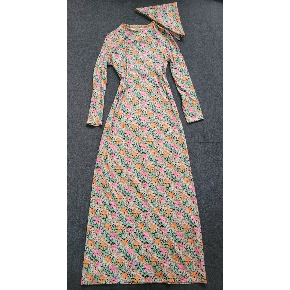 Vintage 60s 70s Floral Maxi Dress Matching Scarf Neck Tie Bandana Size M